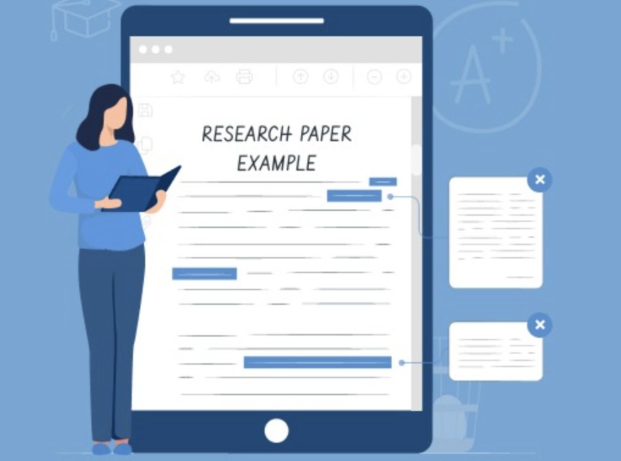 Illustration of a woman holding a tablet beside a large screen showing a document titled Research Paper Example