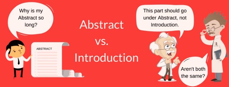 Cartoon of a student pointing at a long abstract, asking why it is so long, while one scientist says a passage belongs in the abstract, not the introduction, and another asks whether the two are the same