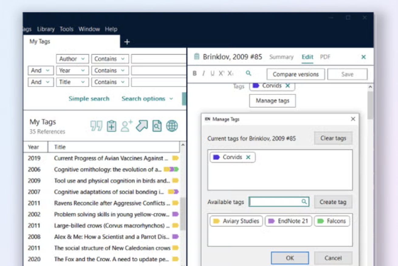 Screenshot of an EndNote library listing references by year and title, with a Manage Tags dialog open