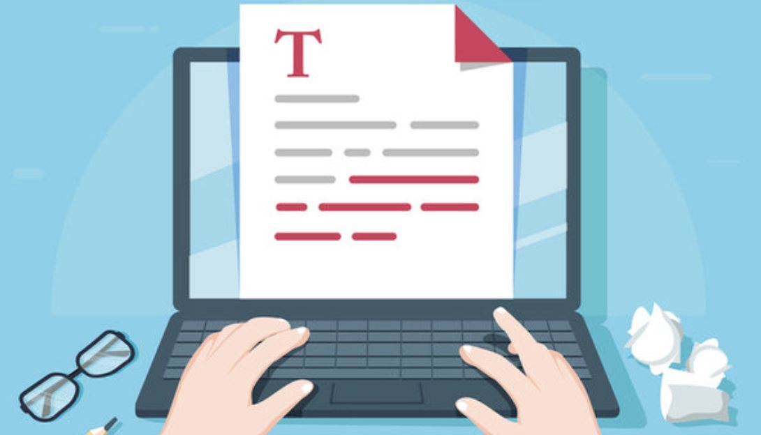 Illustration of hands typing on a laptop, with a document on the screen whose last lines are marked in red