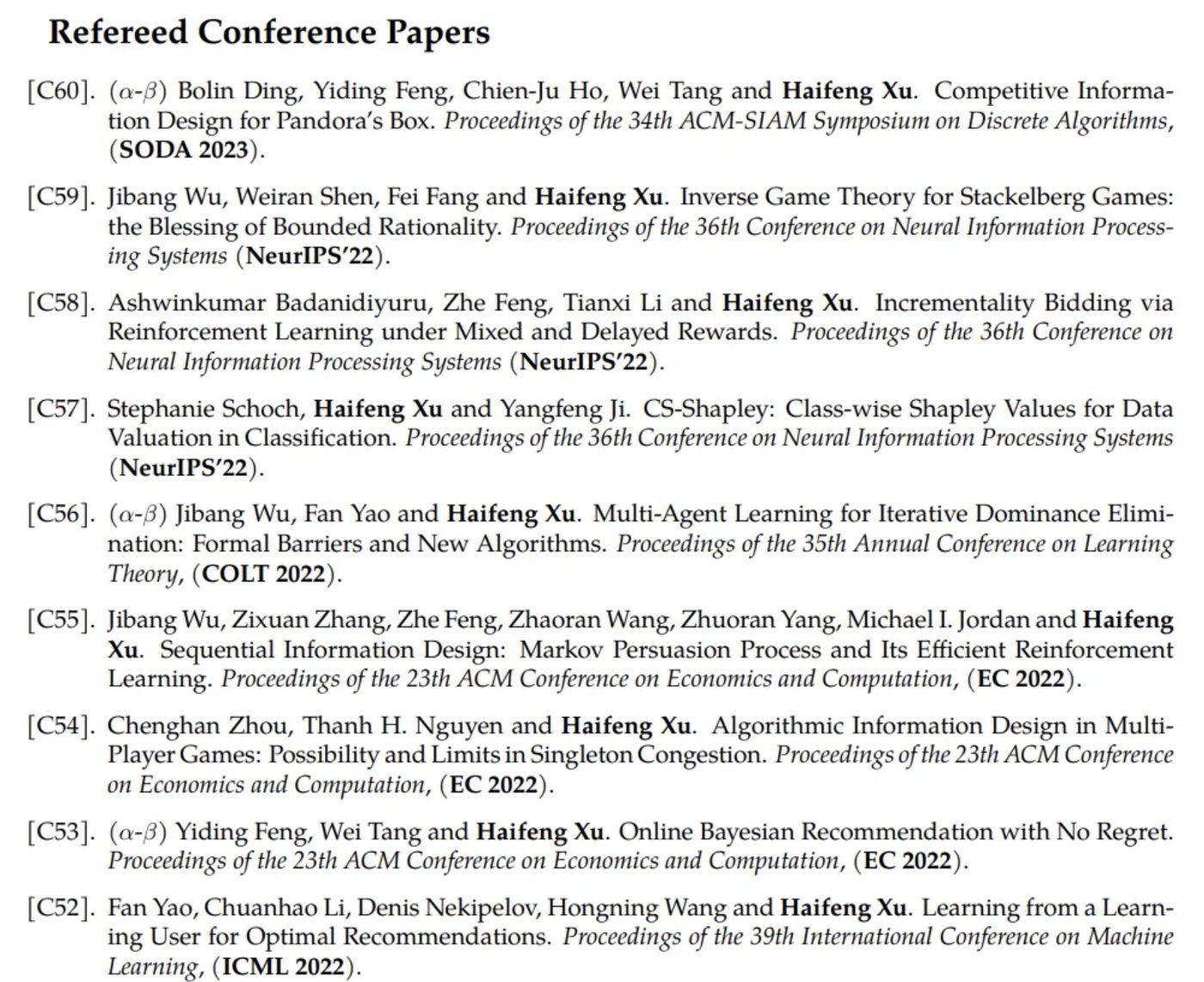 A page from Haifeng Xu's list of refereed conference papers, with entries at NeurIPS 2022, EC 2022, COLT 2022, ICML 2022, and SODA 2023