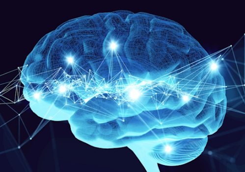 Digital illustration of a glowing blue human brain overlaid with a network of connected points