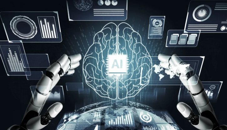 Illustration of robotic hands on either side of a glowing brain labeled AI, surrounded by floating data charts