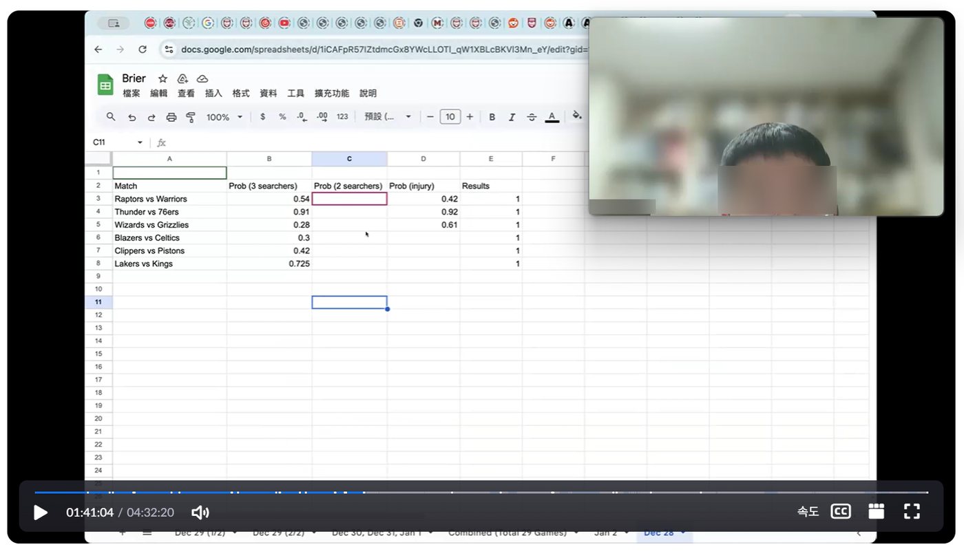 A spreadsheet named Brier listing six NBA matchups, with probability columns labeled 3 searchers, 2 searchers and injury next to a results column; a blurred student appears on camera