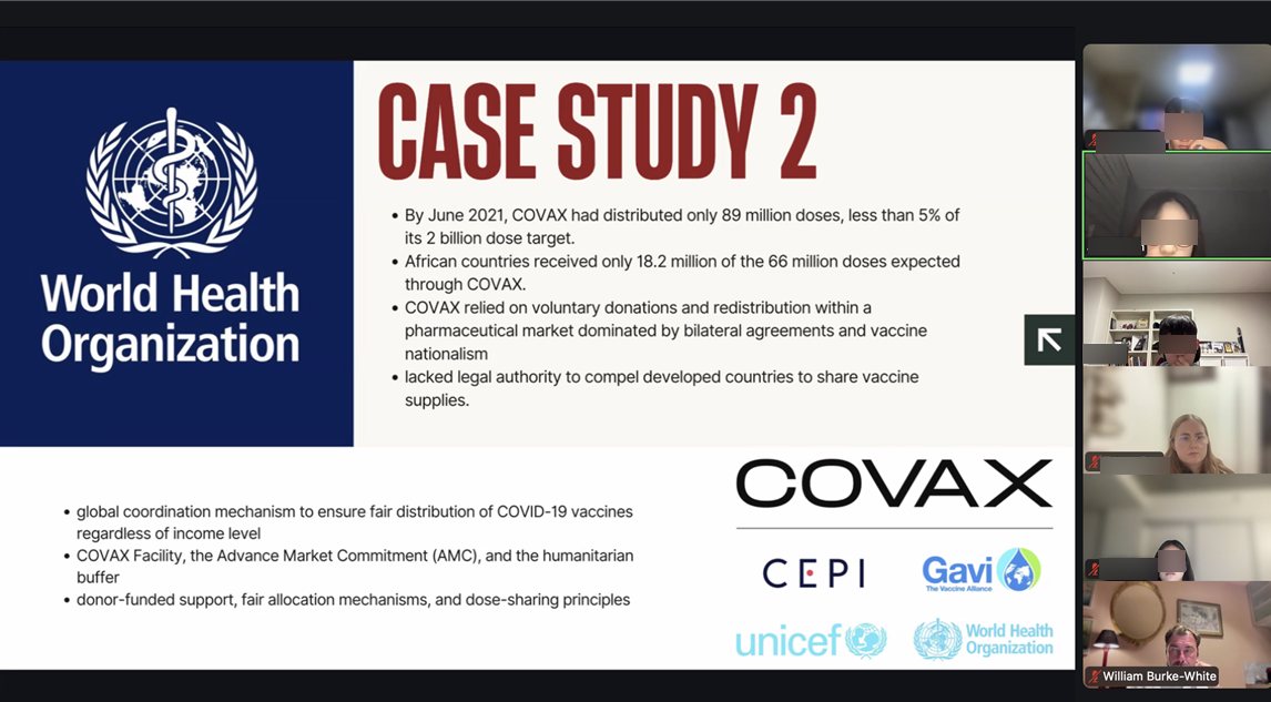 A Zoom screen shows a student slide titled Case Study 2 about COVAX, with the World Health Organization logo on the left and participant video tiles on the right
