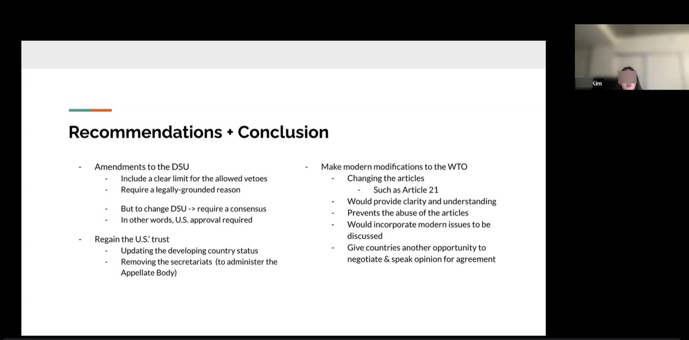 A Zoom screen shows a slide titled Recommendations + Conclusion, listing amendments to the DSU, regaining US trust, and modern modifications to the WTO