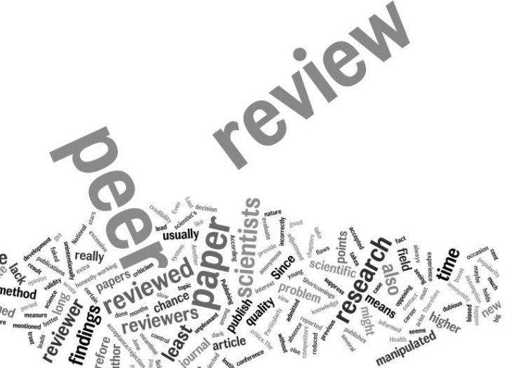 Word cloud in which the words peer, review, and paper appear largest, surrounded by smaller words such as reviewers, findings, journal, and scientists