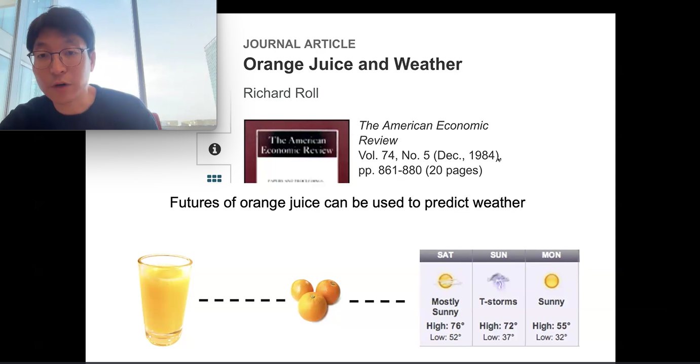 Haifeng Xu speaks on a video call beside a lecture slide about Richard Roll's 1984 journal article "Orange Juice and Weather"