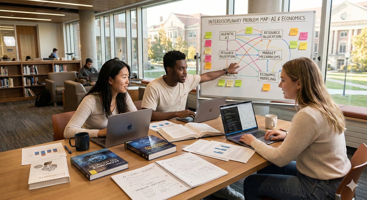 Illustration of three students at a library table with laptops and economics textbooks, one pointing to a whiteboard titled "Interdisciplinary Problem Map: AI & Economics"