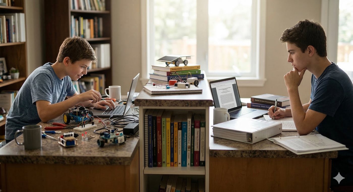 Illustration of two teenagers at facing desks: a younger boy wires a small robot beside his laptop while an older student studies a draft paper on screen, pen in hand