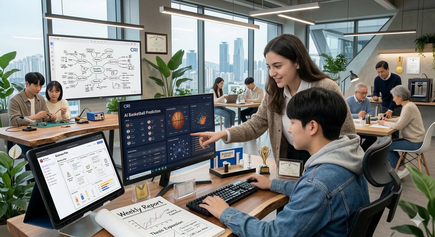 Illustration of a mentor pointing at a monitor labeled AI Basketball Prediction while a student in a hoodie works at the keyboard, with a tablet showing a business plan and a printed weekly report on the desk