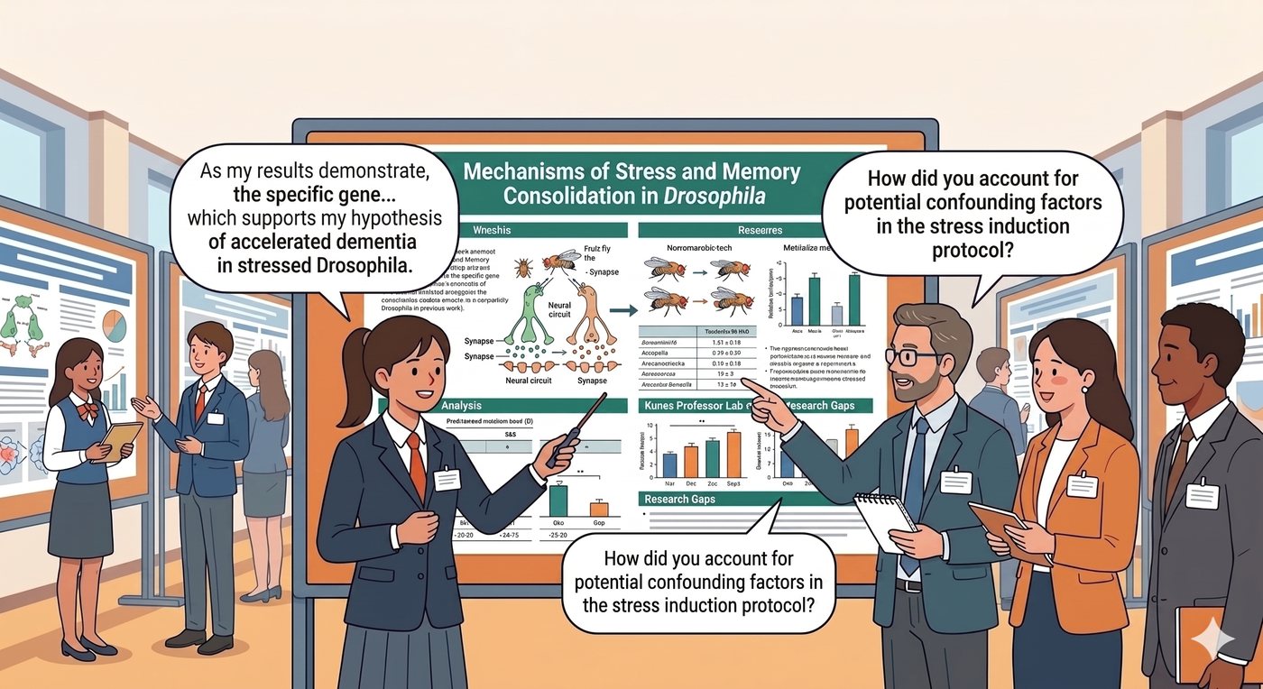 Cartoon illustration of a poster session: a student in a school blazer points to a poster titled "Mechanisms of Stress and Memory Consolidation in Drosophila" while a man holding a notepad asks how she accounted for confounding factors in the stress induction protocol