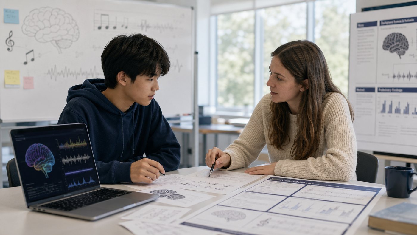 Illustration of a student and a mentor seated at a table, the mentor pointing to printed notes beside a laptop showing a brain graphic and sound waveforms