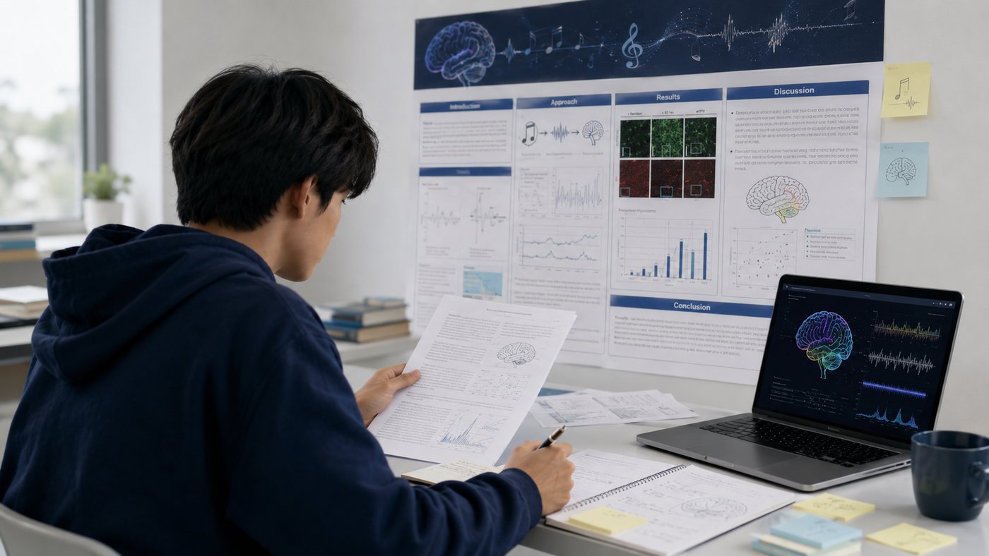 Illustration of a student reading a printed draft at a desk in front of a large illustrated research poster