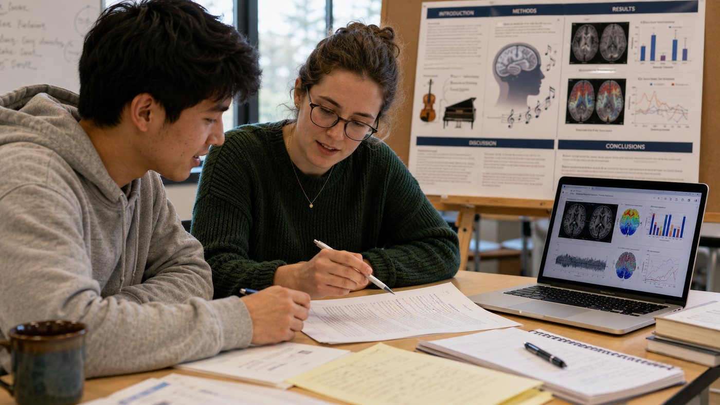 Illustration of a student and a mentor reviewing a printed manuscript together at a table, with a research poster on an easel behind them