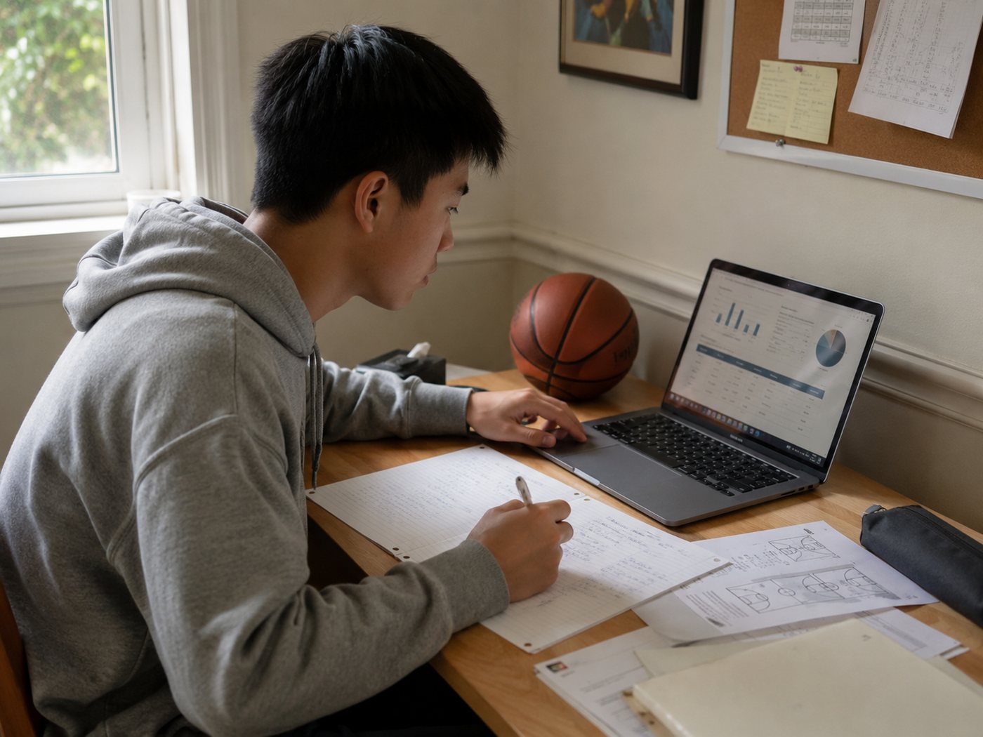 Illustration of a student in a gray hoodie taking notes at a desk beside a basketball and a laptop showing charts
