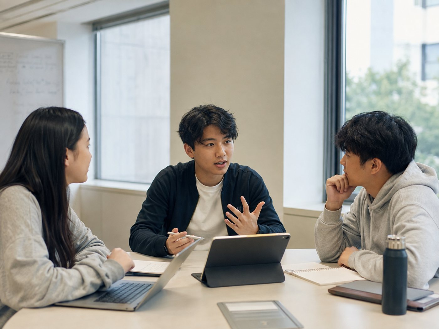 Illustration of three students in conversation around a table with a laptop, a tablet and notebooks