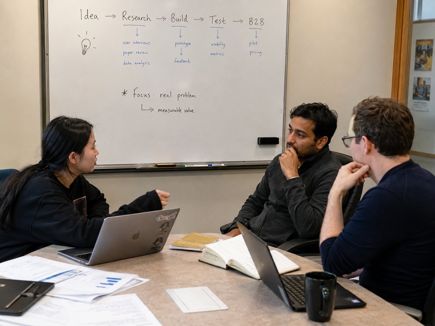 Illustration of a student talking with two mentors at a table beneath a whiteboard that maps Idea, Research, Build, Test and B2B