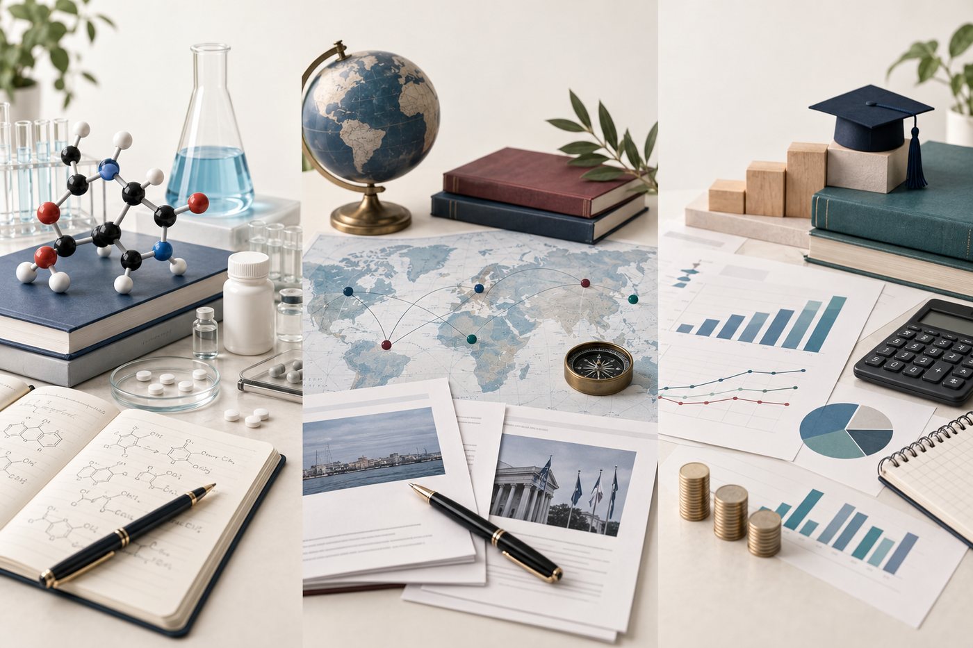 A three-panel still life: a molecular model and lab glassware, a globe over a world map, and bar charts beside a calculator