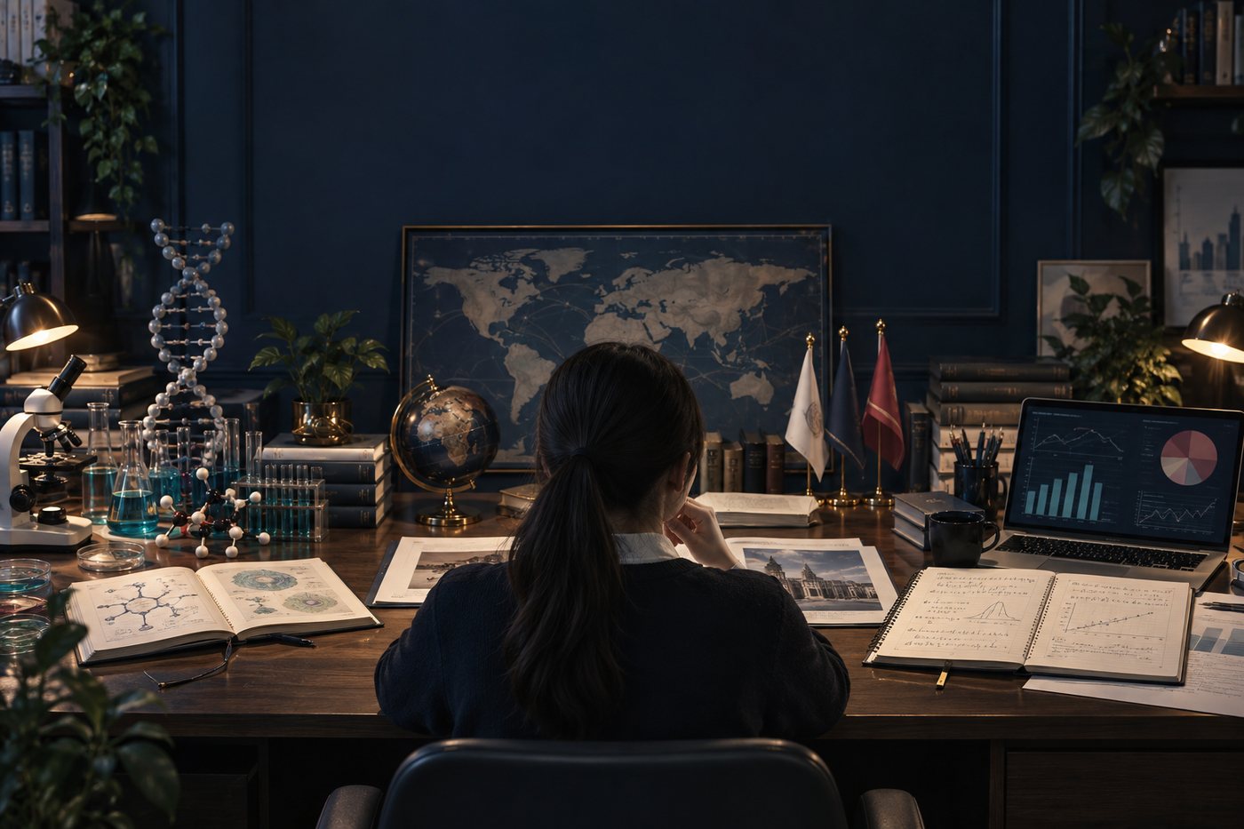 A student seen from behind at a desk with a DNA model and lab glassware on one side, a globe and flags in the middle, and a laptop showing charts on the other