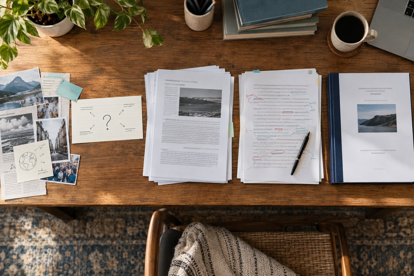 Overhead view of a wooden desk with a question-mark sketch and travel photos on the left, a printed draft, a marked-up draft with a pen, and a bound final paper on the right